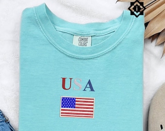Comfort Colors US Flag Patriotic T-Shirt, Embroidered USA Flag July 4th Shirt, United States of America Shirt