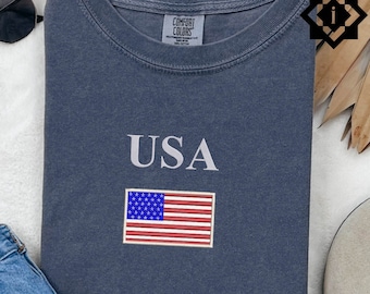 Comfort Colors US Flag Patriotic T-Shirt, Embroidered USA Flag July 4th Shirt, United States of America Shirt