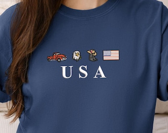 America Patriot T-Shirt July 4th USA Embroidery Crewneck with Cowboy Boots, Hat, Truck & Eagle Flag