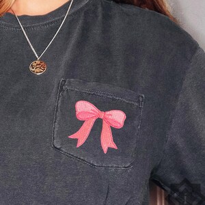 Bridal Party Ribbon Bow Embroidered Comfort Colors Pocket Tee, Trendy Bow Tshirt, Gift for Bride, Bridal Party Tops, Bridesmaids Gift