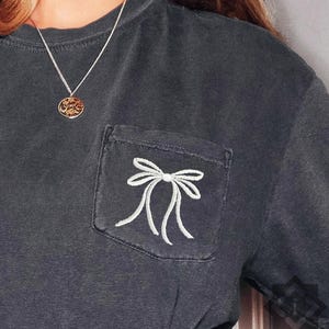 Bridal Party Ribbon Bow Embroidered Comfort Colors Pocket Tee, Trendy Bow Tshirt, Gift for Bride, Bridal Party Tops, Bridesmaids Gift