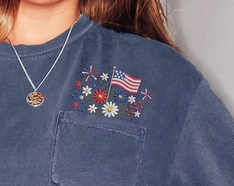 Patriotic Wildflower Pocket Tee, Embroidered American Flag Shirt, 4th of July Comfort Colors Tshirt, USA Flag Tee, Independence Day Shirt