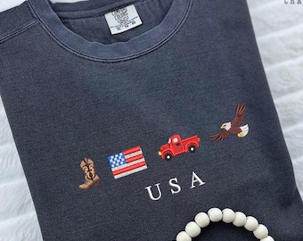 America Patriotic T-Shirt USA Flag Sweatshirt | July 4th USA Embroidery Crewneck with Cowboy Boots, USA Flag, Truck & Eagle - American Icons