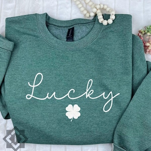 Clover Lucky Embroidered Sweatshirt, St Patricks Day Shirt, Shamrock Pullover, Irish Varsity Sweater, Gift for Mom or Boyfriend