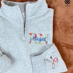 Personalized Embroidered Nurse Floral Sweatshirt - RN Quarter Zip Gift for Nurses