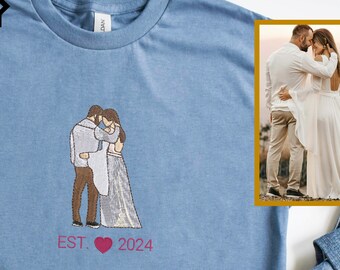 Custom Embroidered Wedding Portrait from Your Photo, Personalized Outline Photo Shirt, Custom Portrait Sweatshirt, Wedding Gift