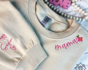 Custom Mama Embroidered Sweatshirt with Kids' Names on Sleeve – Personalized Mom Sweatshirt, Birthday Gift for Mom, Pregnancy Outfit