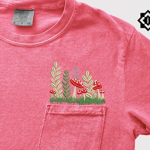 Comfort Colors Mushroom Tshirt Embroidered, Summer Tshirt, Gift for Her, Gift for Mom, Wildflower Pocket Tshirt, Gift for Girlfriend, Custom