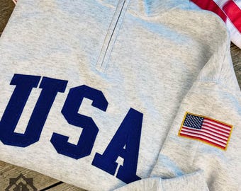 Custom USA Quarter Zip Sweatshirt, Embroidered Patriotic Pullover with American Flag Sleeve, 4th of July Outfit, USA Sweater Gift