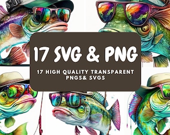 17 Bass Fish SVGs, PNGs, Fish Clipart, Fish PNG, Fish SVG, Digital Download - Commercial Use Allowed
