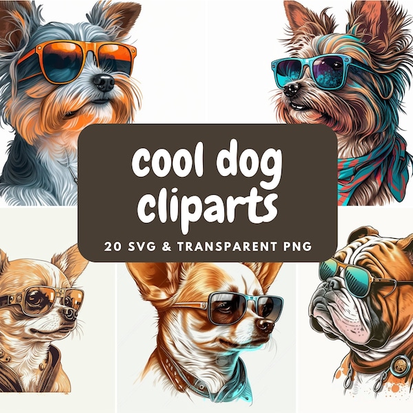 Cute Cool Dogs Clipart - 20 SVGs & PNG transparentes de alta calidad - Descarga digital - Uso comercial permitido