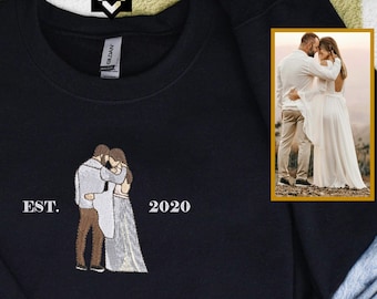 Custom Embroidered Wedding Portrait from Your Photo, Personalized Outline Photo Shirt, Custom Portrait Sweatshirt, Wedding Gift