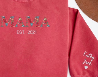Custom Floral Mama Est Sweatshirt with Kid Names on Sleeve, New Mom Gift, Mothers Day Floral Gift #2