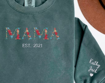 Custom Floral Mama Est Sweatshirt with Kid Names on Sleeve, New Mom Gift, Mothers Day Floral Gift #5