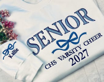 Custom Embroidered Senior Sweatshirt, Hoodie with Coquette Bow, Class of 2027 Crewneck, Personalized Graduation Gift for Seniors