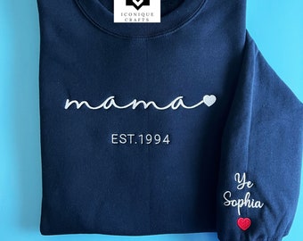 Mothers Day Gift for Mama Sweatshirt Embroidered Kids Names On Sleeve Crewneck for Mom