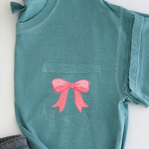Bridal Party Ribbon Bow Embroidered Comfort Colors Pocket Tee, Trendy Bow, Gift for Bride, Bridal Party Tops, Bridesmaids Gift