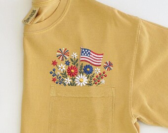 Embroidered American Flag Pocket Tshirt, 4th of July Shirt, Patriotic Wildflower Tee, Comfort Colors Memorial Day Shirt, USA Flag Shirt