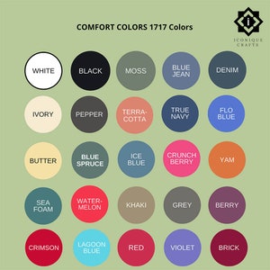 May include: A color chart with 20 different color swatches, labeled with names like "White", "Black", "Moss", "Blue Jean", "Denim", "Ivory", "Pepper", "Terra-Cotta", "True Navy", "Flo Blue", "Butter", "Blue Spruce", "Ice Blue", "Crunch Berry", "Yam", "Sea Foam", "Water-Melon", "Khaki", "Grey", "Berry", "Crimson", "Lagoon Blue", "Red", "Violet", and "Brick".