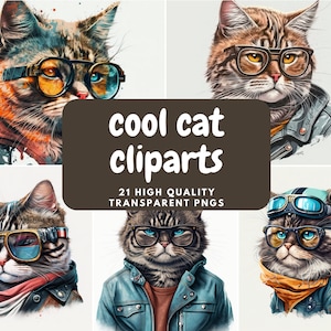 Cute Cool Cats Clipart - 21 Transparent High Quality PNGs - Digital Download - Commercial Use Allowed