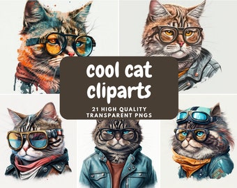Cute Cool Cats Clipart - 21 Transparent High Quality PNGs - Digital Download - Commercial Use Allowed