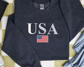 USA Flag Embroidered Sweatshirt, Comfort Colors USA Sweatshirt, 4th of July Embroidered Sweatshirt, USA Flag Sweatshirt
