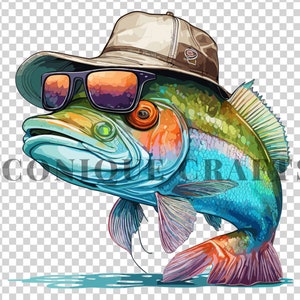 May include: A colourful fish wearing a beige hat and sunglasses. The fish has a blue, green, and orange body with a red tail fin. The fish is jumping out of the water.