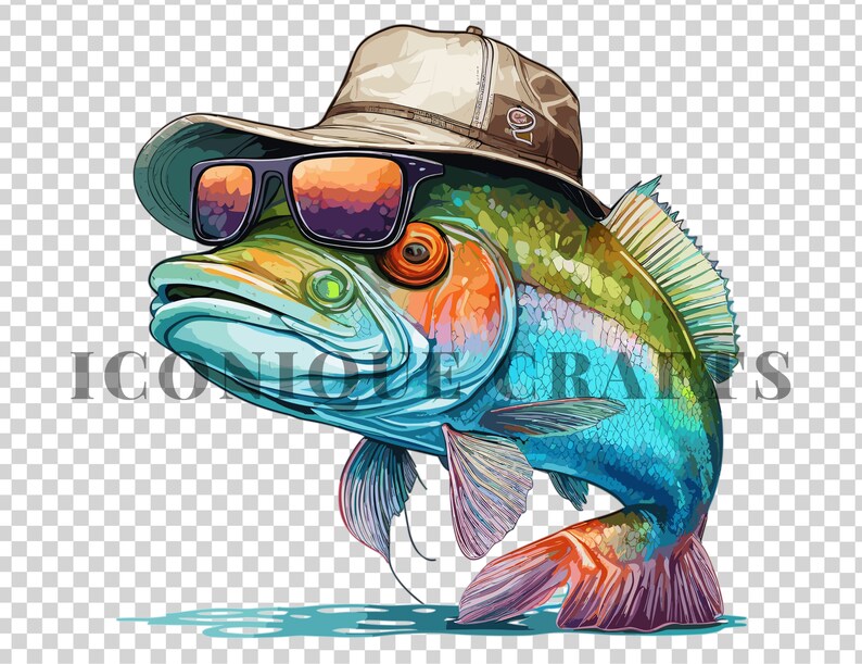 May include: A colourful fish wearing a beige hat and sunglasses. The fish has a blue, green, and orange body with a red tail fin. The fish is jumping out of the water.