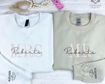 Custom Mrs. Embroidered Sweatshirt, Hoodie with Date on Sleeve, Bride & Groom, Future Mrs. Hoodie, Engagement Gift , Hubby and Wifey Apparel