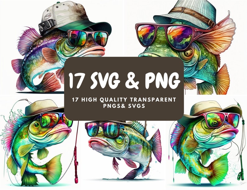 May include: A set of 17 high-quality, transparent PNG and SVG files featuring colourful, cartoon-style fish wearing sunglasses and hats. The fish have a variety of colours and patterns, including green, blue, yellow, and red. The fish are wearing sunglasses and hats, including baseball caps, fedoras, and bucket hats. The fish are all in a variety of poses, including swimming, jumping, and looking at the camera. The text "17 SVG & PNG" and "17 HIGH QUALITY TRANSPARENT PNGS & SVGs" is included in the image.