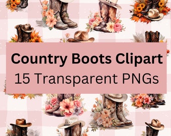 Cowgirl & Cowboystiefel Clipart Bundle, Aquarell Cowboystiefel Clipart, Floral Country Boot Clipart, kommerzielle Nutzung