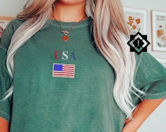 Comfort Colors US Flag Patriotic T-Shirt, Embroidered USA Flag July 4th Shirt, United States of America Shirt