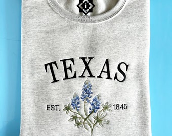 Embroidered Texas Bluebonnet Unisex Sweatshirt,  Texas State 1845 Sweatshirt