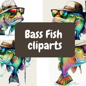 May include: Four colourful bass fish illustrations with sunglasses and hats. The fish are in a watercolour style with splashes of colour. The text "Bass Fish clip arts" is in the centre of the image.