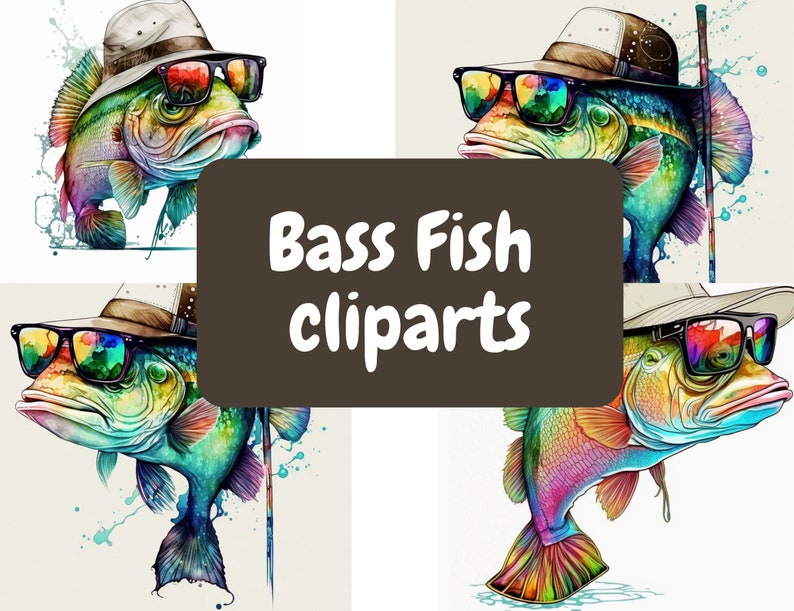 May include: Four colourful bass fish illustrations with sunglasses and hats. The fish are in a watercolour style with splashes of colour. The text "Bass Fish clip arts" is in the centre of the image.