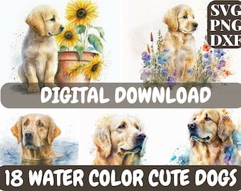18 Water Color Clipart of Cute Puppies & Dogs - SVG,DXF,PNG - Digital Download - Commercial Use Allowed
