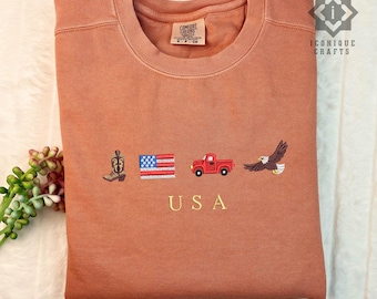 America Patriotic T-Shirt USA Flag Sweatshirt | July 4th USA Embroidery Crewneck with Cowboy Boots, USA Flag, Truck & Eagle - American Icons