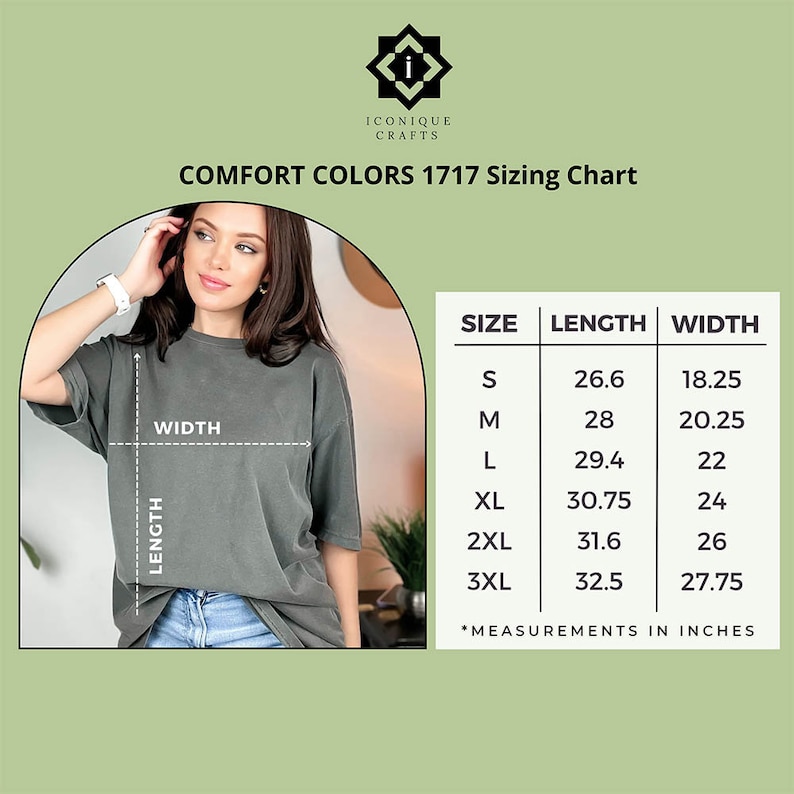 May include: Sizing chart for a t-shirt with measurements in inches. The chart shows the size, length, and width of the shirt in sizes S, M, L, XL, 2XL, and 3XL.  The text "COMFORT COLORS 1717 Sizing Chart" is at the top of the chart.