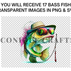 May include: A colourful cartoon bass fish wearing sunglasses and a hat. The fish is holding a fishing rod and has a pink and green floral design around it.