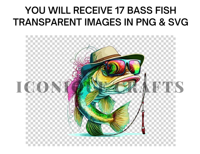 May include: A colourful cartoon bass fish wearing sunglasses and a hat. The fish is holding a fishing rod and has a pink and green floral design around it.