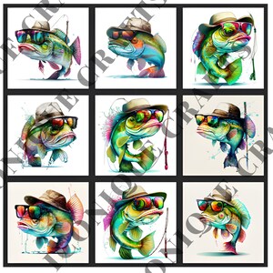 May include: Nine colourful illustrations of fish wearing sunglasses and hats. Each fish is depicted in a different pose and with a different colour scheme. The fish are all wearing sunglasses and hats, and some are holding fishing rods. The illustrations are set against a white background.