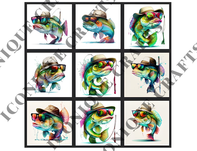 May include: Nine colourful illustrations of fish wearing sunglasses and hats. Each fish is depicted in a different pose and with a different colour scheme. The fish are all wearing sunglasses and hats, and some are holding fishing rods. The illustrations are set against a white background.