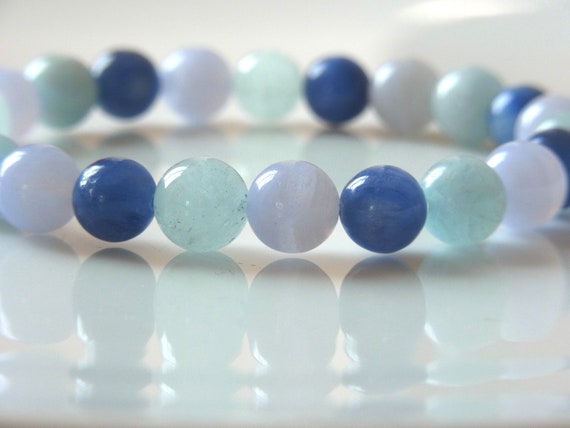 Wrist Mala. AngeliteAquamarineBlue Lace Agate Blue ChalcedonyHowlite Yoga Mala Beaded Bracelet Healing Natural Gemstone Bracelet