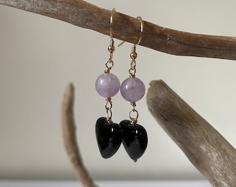 Black Tourmaline & Lavender Amethyst Gold Filled Earrings – Handmade Gemstone Dangle