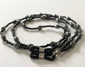 Hematite Gemstone Eyeglass Chain - Black Glass Beaded Spectacle Cord Unisex