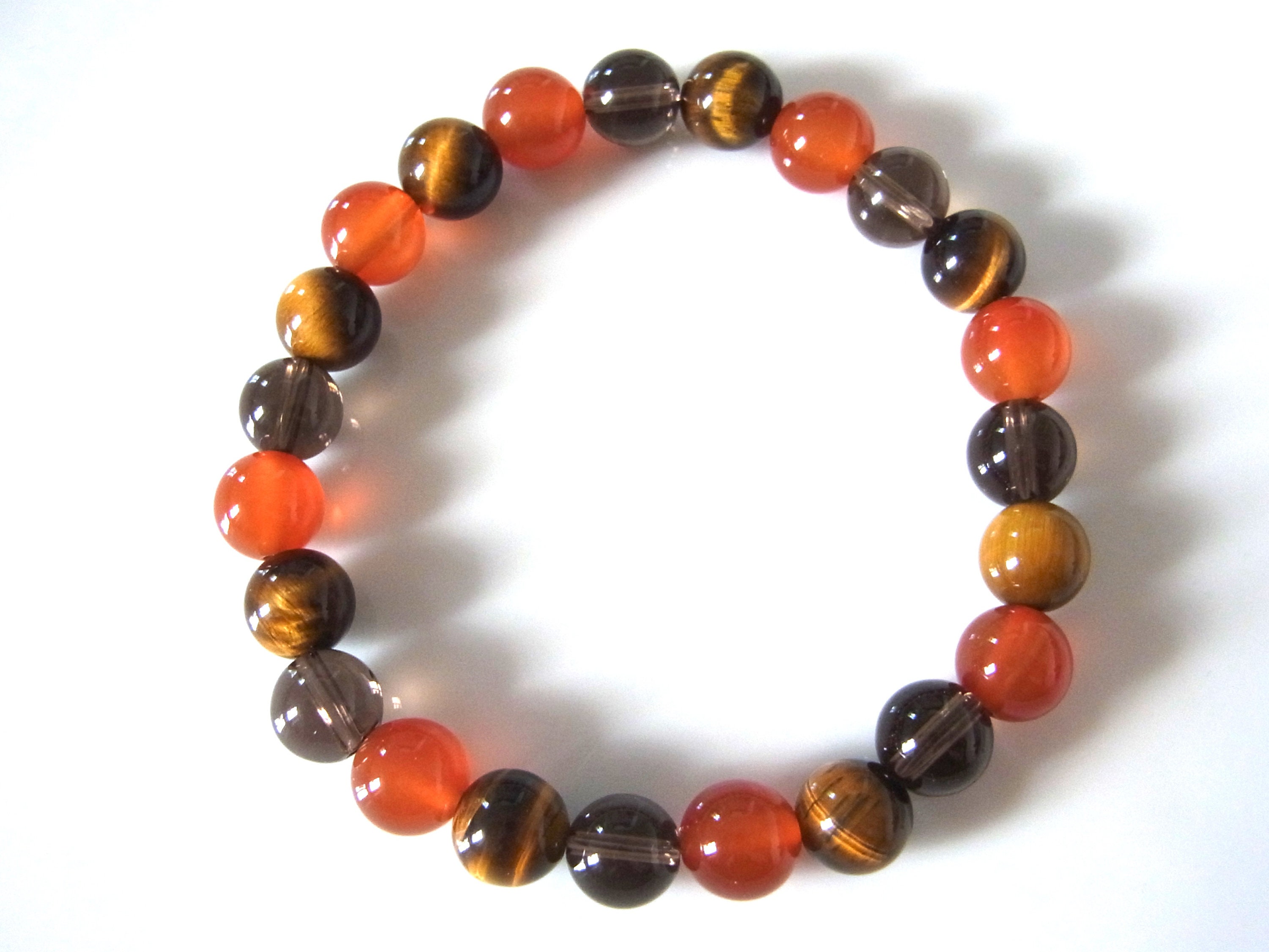 Handmade Tiger Eye Rose Quartz Carnelian Beaded Bracelet - Natural Stone 7.5 Inch