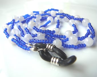 Rainbow Moonstone Glasses Chain – Blue Glass Bead Spectacle Cord