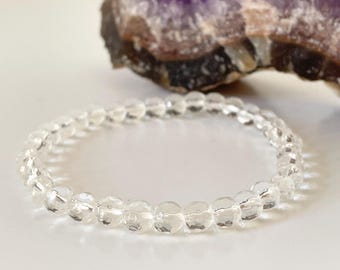 Clear Quartz Bracelet, 6mm Faceted Round Beads, Spiritual Healing