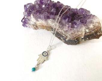 Sterling Silver Hamsa Necklace – Genuine Turquoise Bead, Spiritual Jewelry