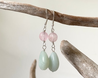 Handmade Sterling Silver Rose Quartz & Amazonite Gemstone Earrings